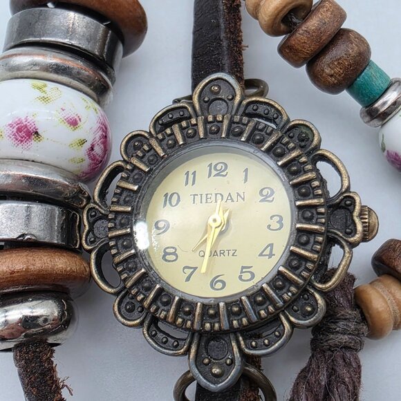 Vintage Tiedan Quartz Leather Wrap Bracelet Watch Floral Beads Boho Design - Picture 9 of 9